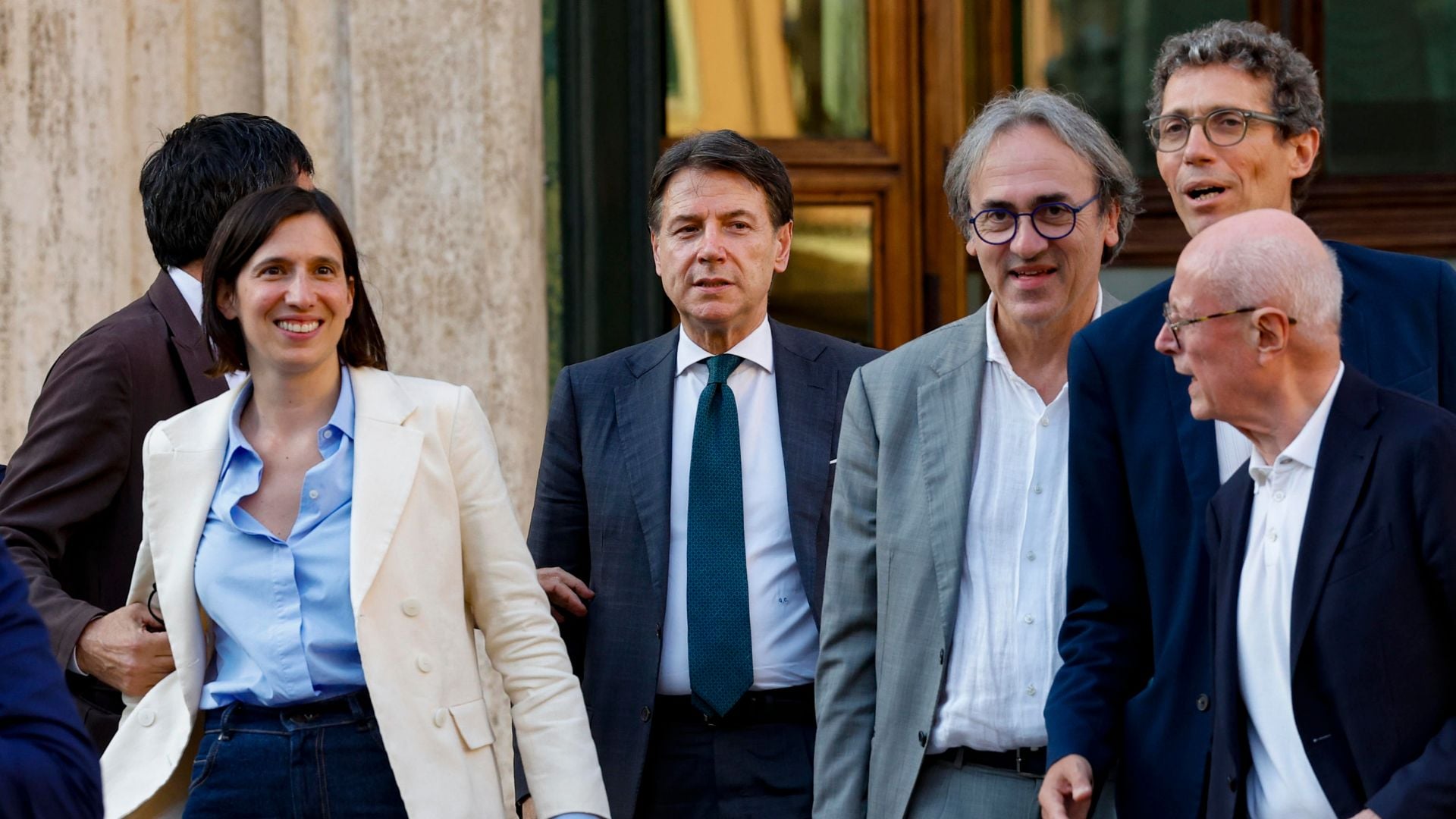 Elly Schlein, Riccardo Magi, Nicola Fratoianni, Giuseppe Conte ed Angelo Bonelli partecipano al sit-in contro la riforma della legge elettorale, Montecitorio